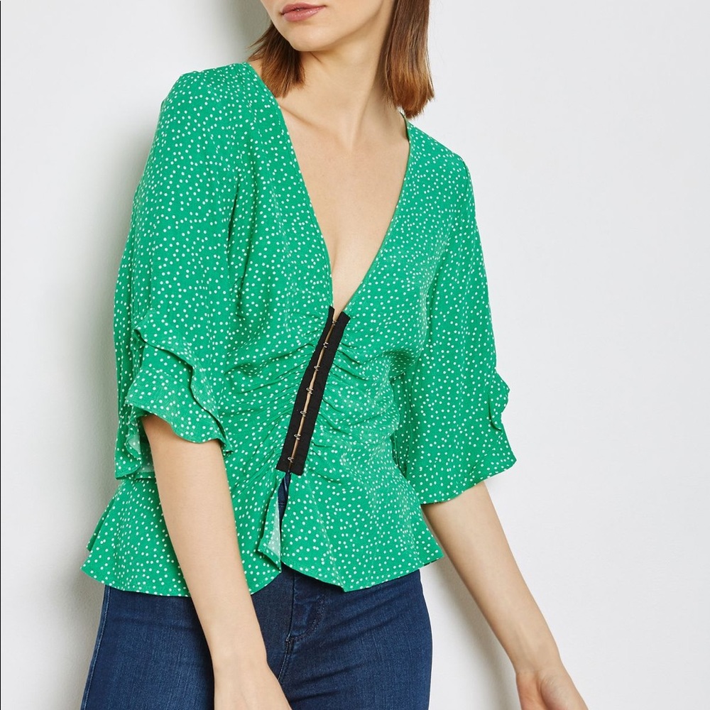 Topshop green blouse with white polka dot